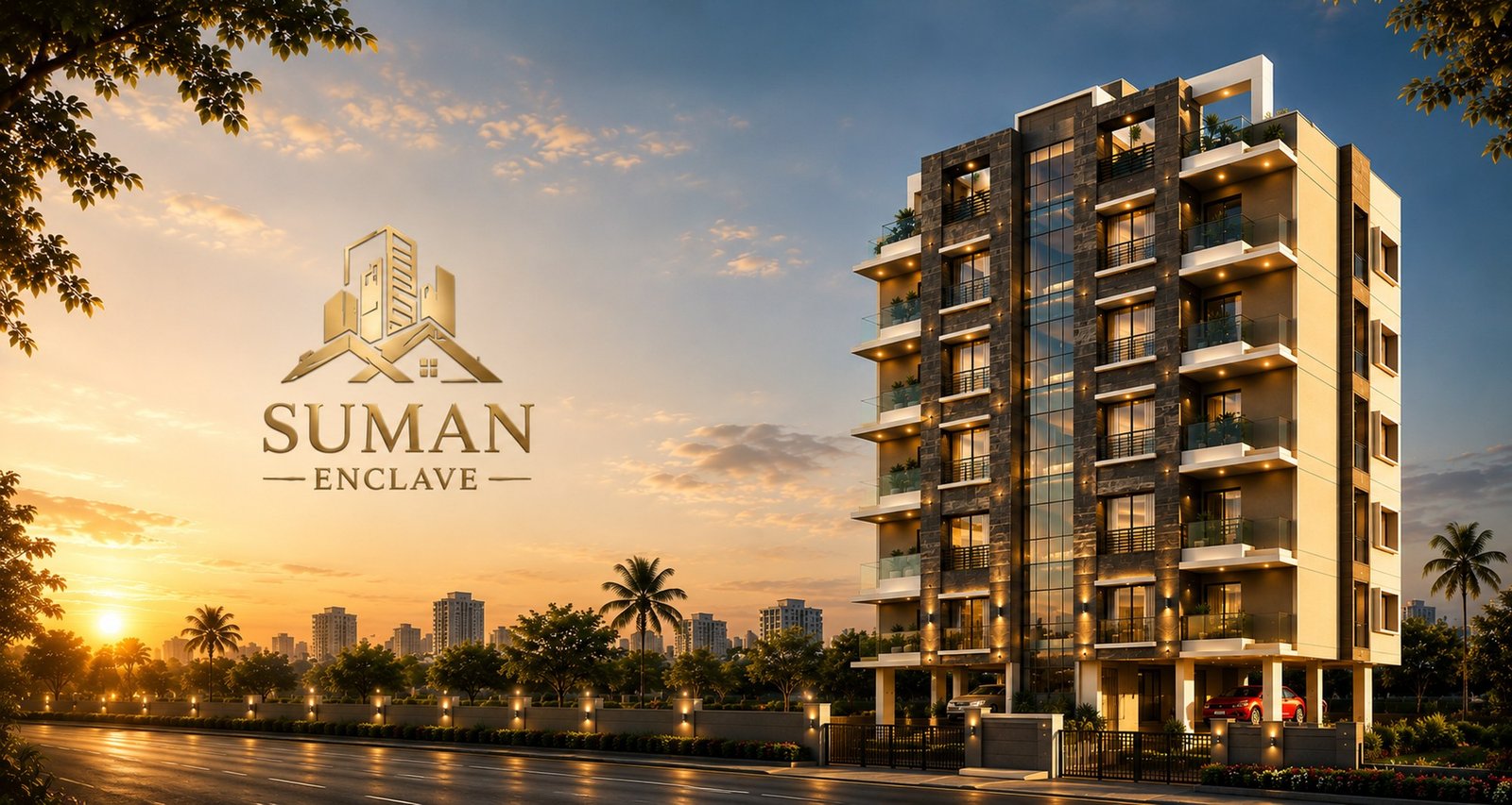 RAUT Group residential development at dusk